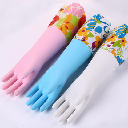 3 Pairs Rubber Cleaning Gloves, Household Kitchen Dishwashing Gloves with Cotton Flocked Liner, Long Cuff 16 Inches, Reusable, Non-Slip (Medium, Blue+Pink+White)