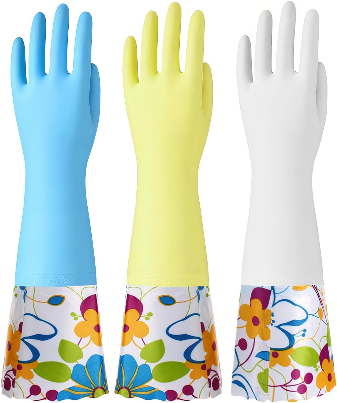 3 Pairs Rubber Cleaning Gloves, Household Kitchen Dishwashing Gloves with Cotton Flocked Liner, Long Cuff 16 Inches, Reusable, Non-Slip (Medium, Blue+Pink+White)