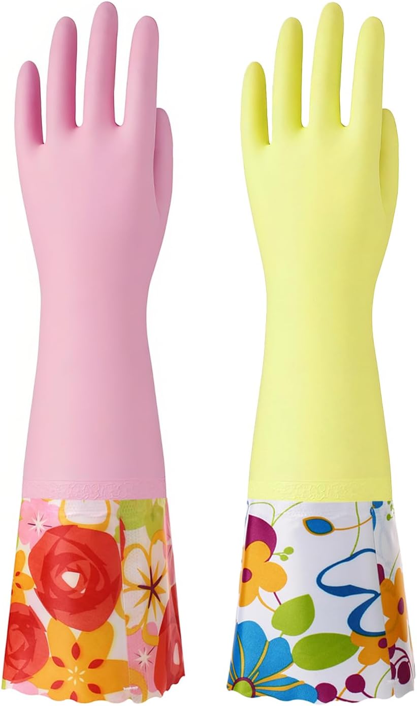 3 Pairs Rubber Cleaning Gloves, Household Kitchen Dishwashing Gloves with Cotton Flocked Liner, Long Cuff 16 Inches, Reusable, Non-Slip (Medium, Blue+Pink+White)