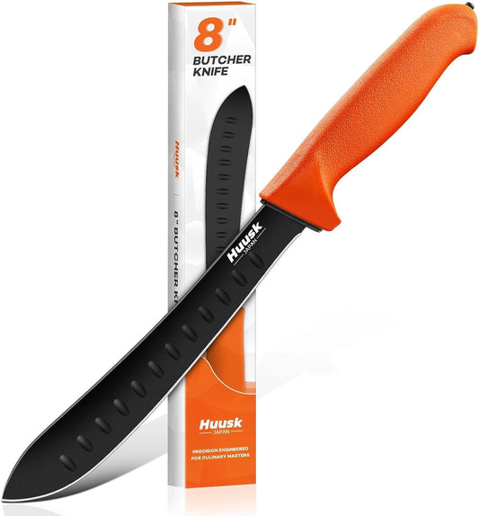 Huusk Butcher Knife for Meat - 8" Granton Egde Bullnose Breaking Non‑Slip | High-Visibility, German Stainless Steel, Multipurpose for Carving Silicing, Chef BBQ Lover Gift