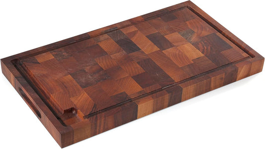 Walnut End Grain Chopping Block Cutting Board With Juice Groove & Integrated Handles 21" x 12" x 1.6" - Wood Cutting Board