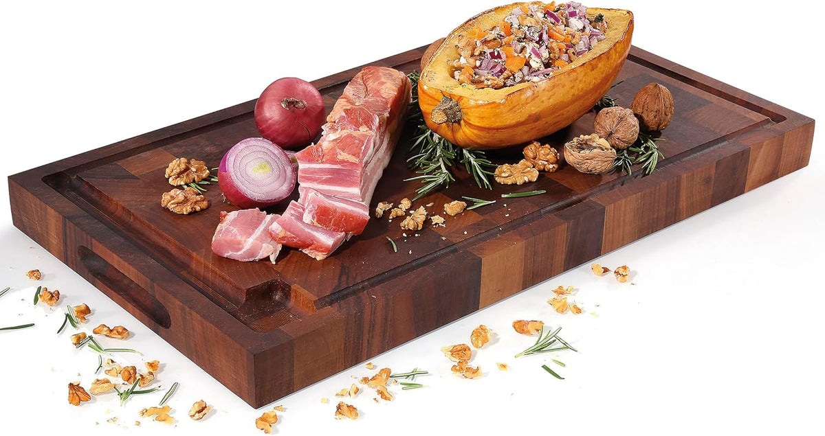 Walnut End Grain Chopping Block Cutting Board With Juice Groove & Integrated Handles 21" x 12" x 1.6" - Wood Cutting Board
