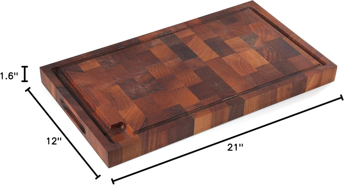 Walnut End Grain Chopping Block Cutting Board With Juice Groove & Integrated Handles 21" x 12" x 1.6" - Wood Cutting Board