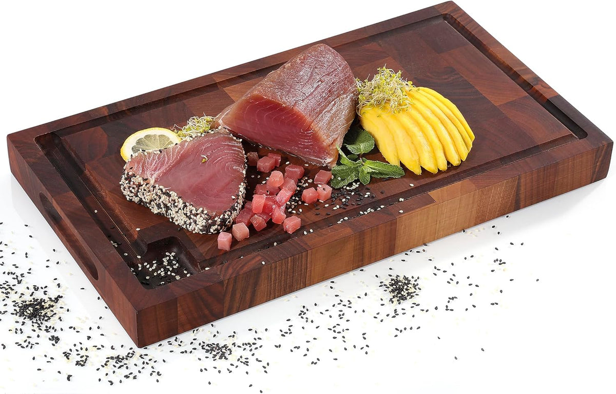 Walnut End Grain Chopping Block Cutting Board With Juice Groove & Integrated Handles 21" x 12" x 1.6" - Wood Cutting Board