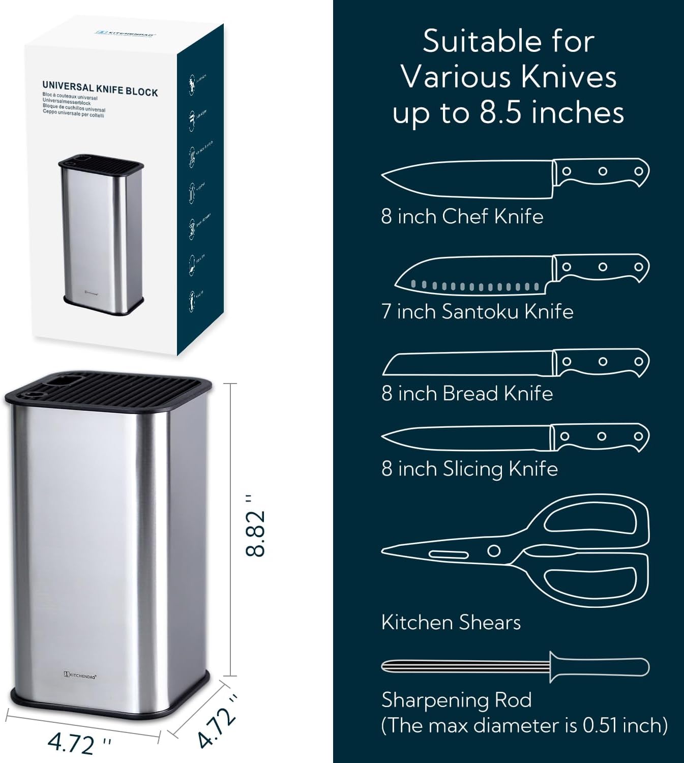 XL Stainless Steel Universal Knife Block Holder Without Knives, with Slots for Scissors and Sharpening Rod, Detachable for Easy Cleaning, Slotless Knife Holder Storage for Kitchen Counter