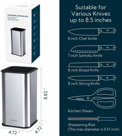 XL Stainless Steel Universal Knife Block Holder Without Knives, with Slots for Scissors and Sharpening Rod, Detachable for Easy Cleaning, Slotless Knife Holder Storage for Kitchen Counter
