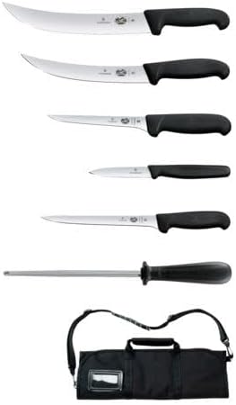 Victorinox Knife Set - Swiss Army Field Dressing Kit, 7-Piece Kitchen Knife Set, Kitchen Knives for Butcher/BBQ with Fibrox Handles, 10" Honing Steel and Case - Black