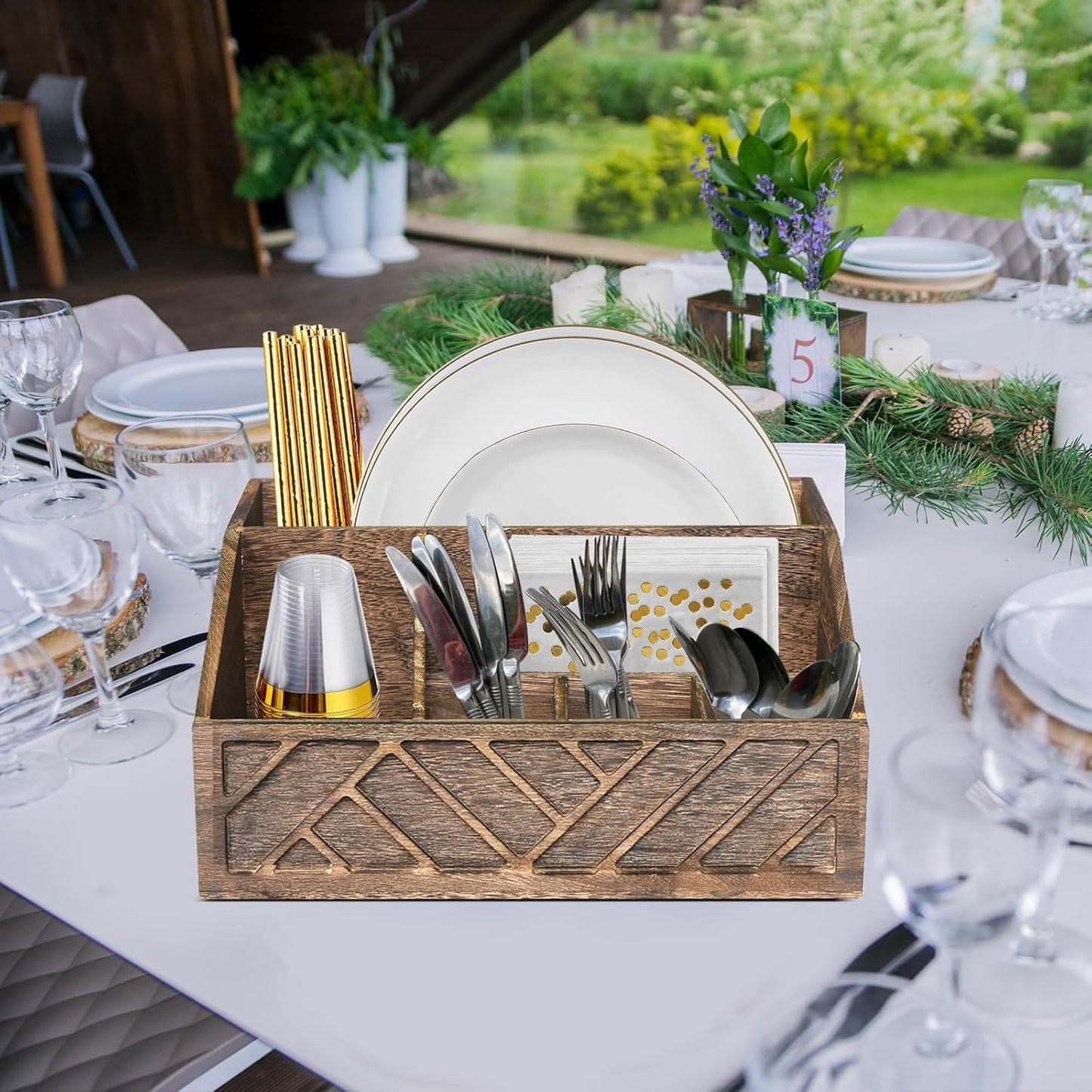 Paper Plate Dispenser, Paper Plate Holder for Kitchen Counter, Wood Rustic Silverware Utensil Caddy, Cutlery Flatware Organizer Box for Cups Spoons Forks Plates Napkins, Kitchen Accessories