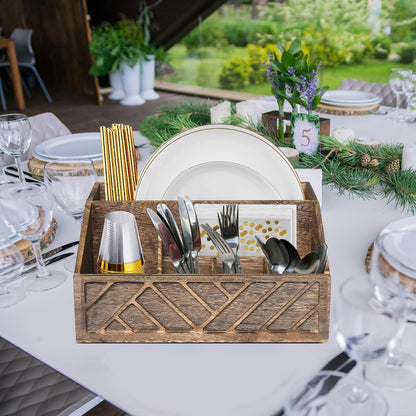 Paper Plate Dispenser, Paper Plate Holder for Kitchen Counter, Wood Rustic Silverware Utensil Caddy, Cutlery Flatware Organizer Box for Cups Spoons Forks Plates Napkins, Kitchen Accessories