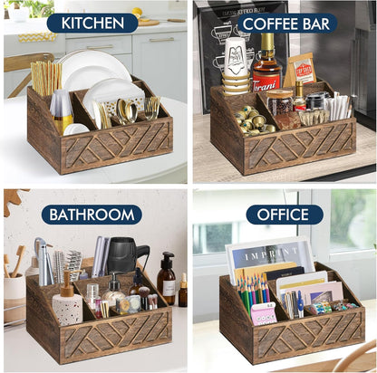 Paper Plate Dispenser, Paper Plate Holder for Kitchen Counter, Wood Rustic Silverware Utensil Caddy, Cutlery Flatware Organizer Box for Cups Spoons Forks Plates Napkins, Kitchen Accessories