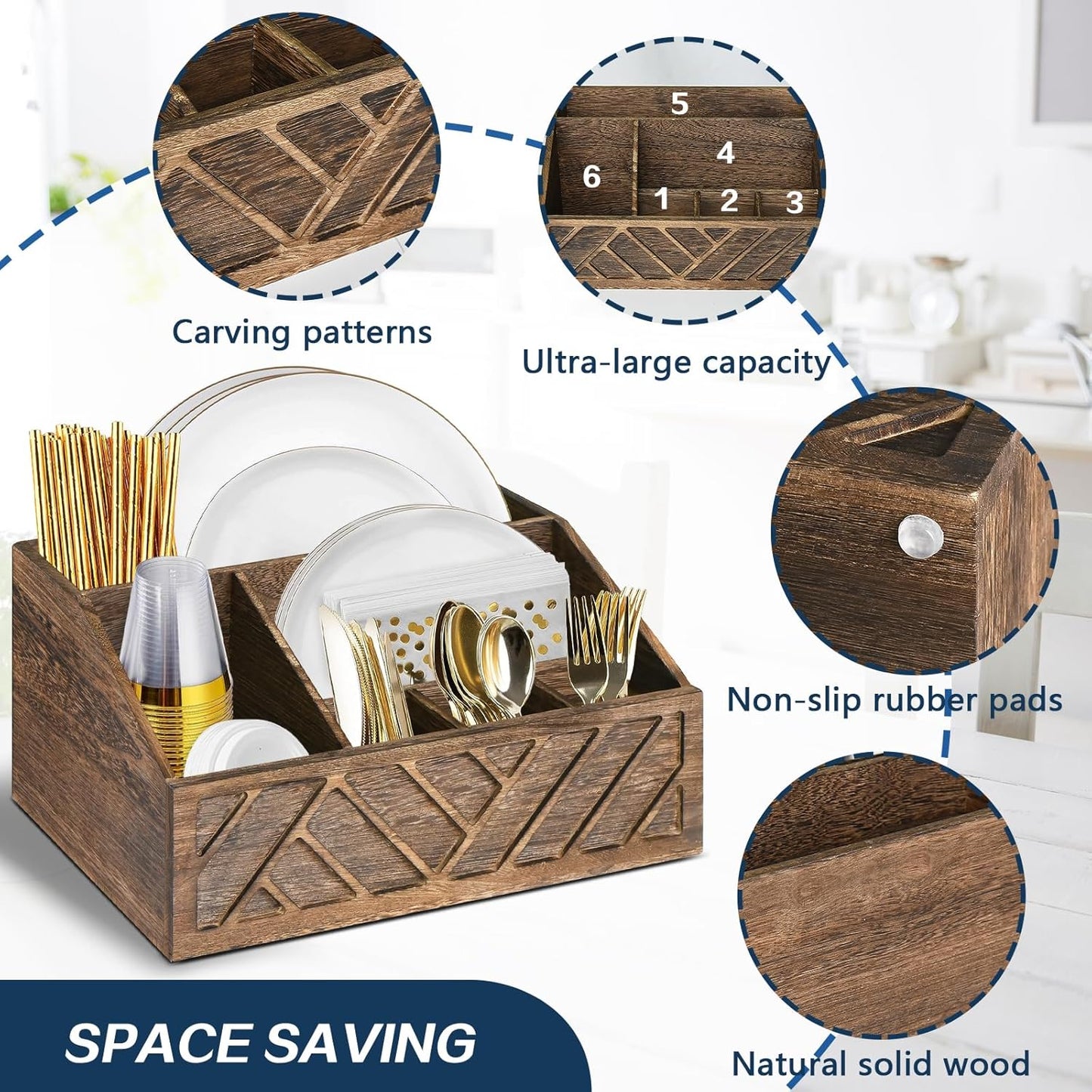 Paper Plate Dispenser, Paper Plate Holder for Kitchen Counter, Wood Rustic Silverware Utensil Caddy, Cutlery Flatware Organizer Box for Cups Spoons Forks Plates Napkins, Kitchen Accessories