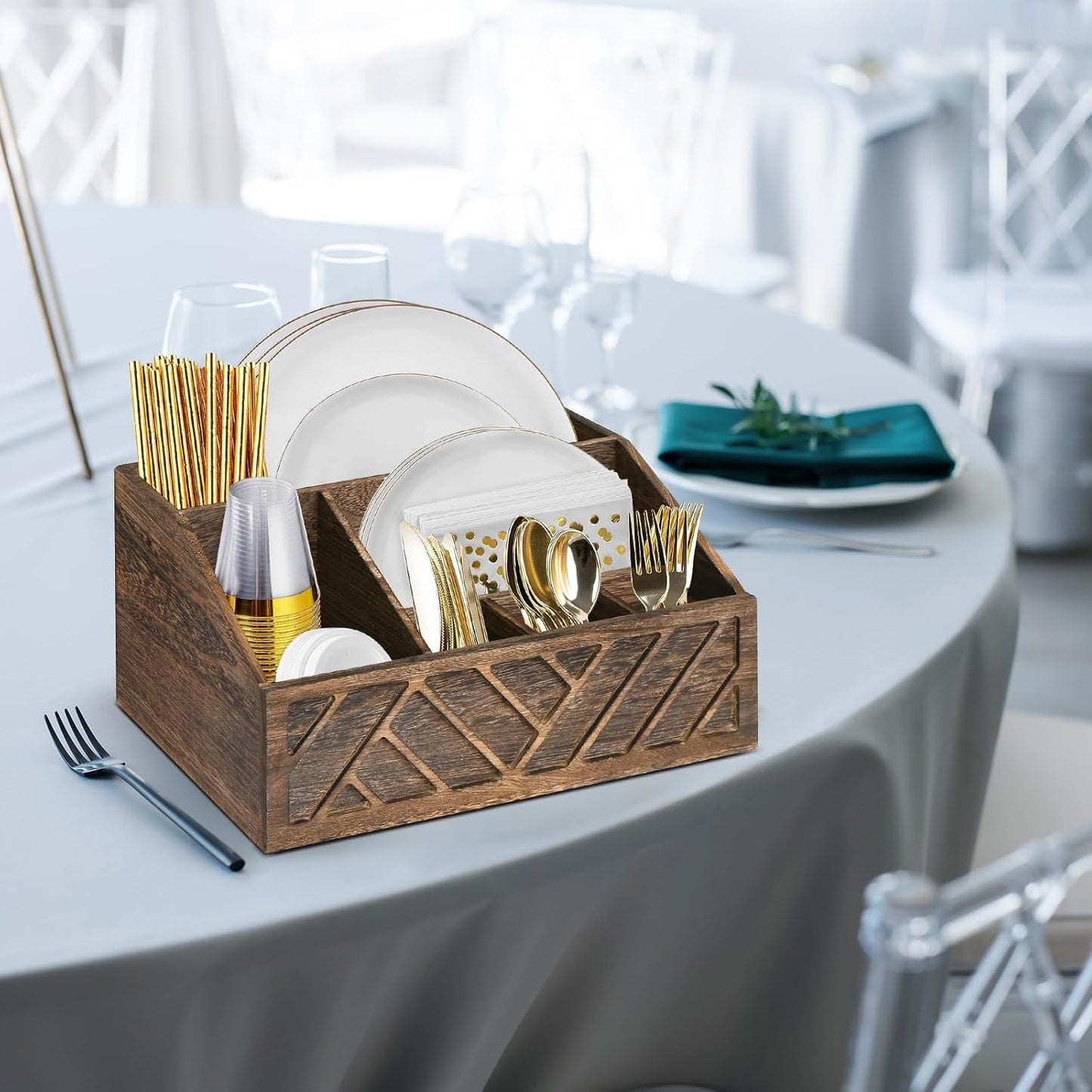 Paper Plate Dispenser, Paper Plate Holder for Kitchen Counter, Wood Rustic Silverware Utensil Caddy, Cutlery Flatware Organizer Box for Cups Spoons Forks Plates Napkins, Kitchen Accessories