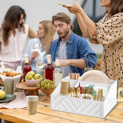 Paper Plate Dispenser, Paper Plate Holder for Kitchen Counter, Wood Rustic Silverware Utensil Caddy, Cutlery Flatware Organizer Box for Cups Spoons Forks Plates Napkins, Kitchen Accessories