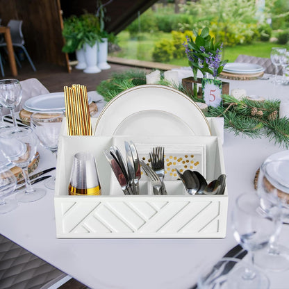 Paper Plate Dispenser, Paper Plate Holder for Kitchen Counter, Wood Rustic Silverware Utensil Caddy, Cutlery Flatware Organizer Box for Cups Spoons Forks Plates Napkins, Kitchen Accessories