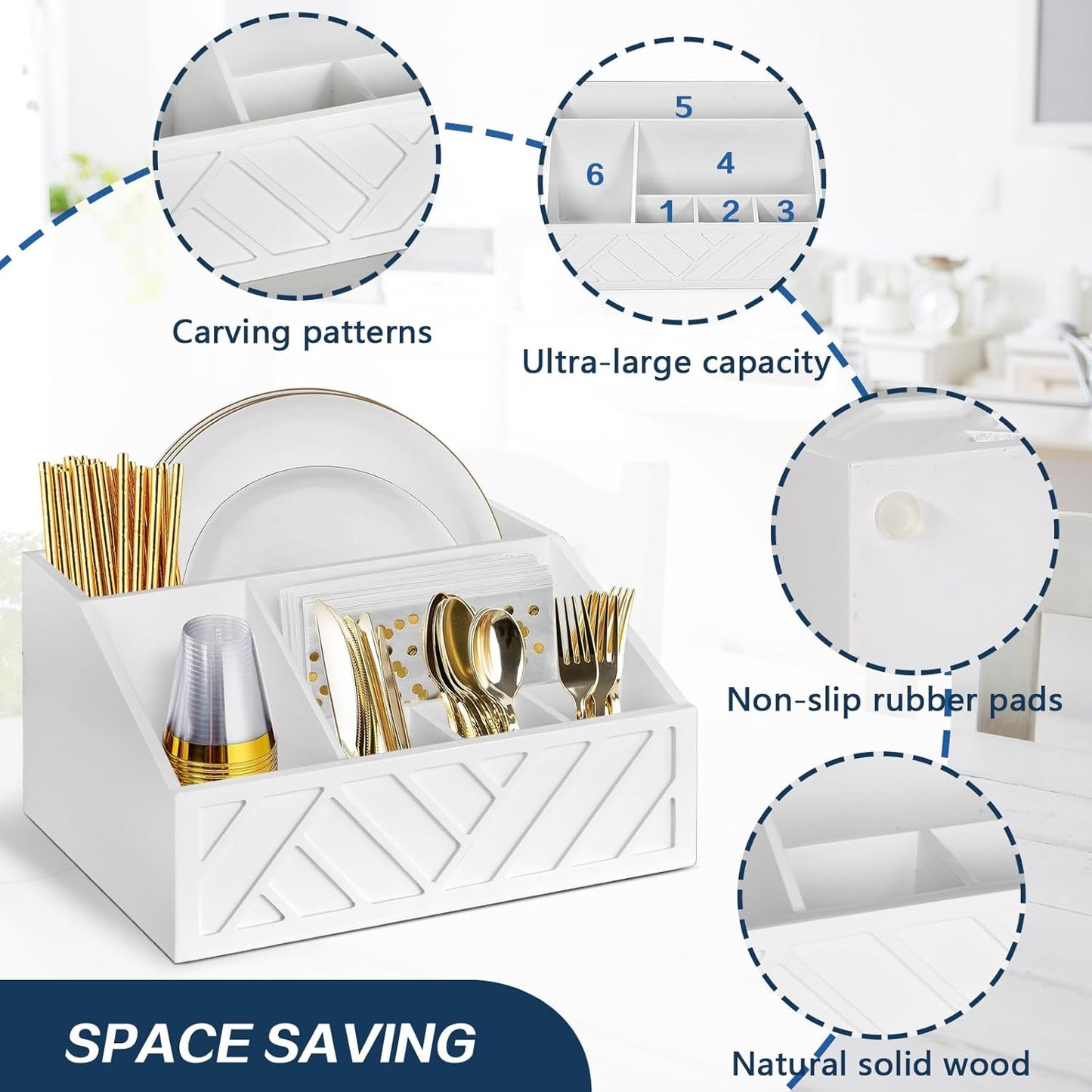 Paper Plate Dispenser, Paper Plate Holder for Kitchen Counter, Wood Rustic Silverware Utensil Caddy, Cutlery Flatware Organizer Box for Cups Spoons Forks Plates Napkins, Kitchen Accessories
