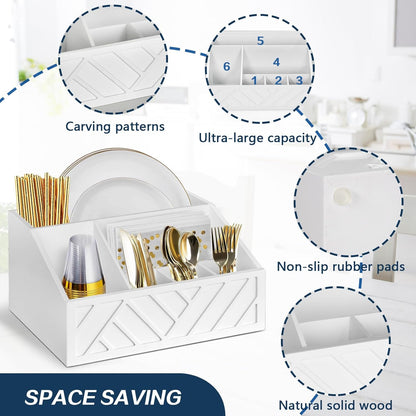 Paper Plate Dispenser, Paper Plate Holder for Kitchen Counter, Wood Rustic Silverware Utensil Caddy, Cutlery Flatware Organizer Box for Cups Spoons Forks Plates Napkins, Kitchen Accessories