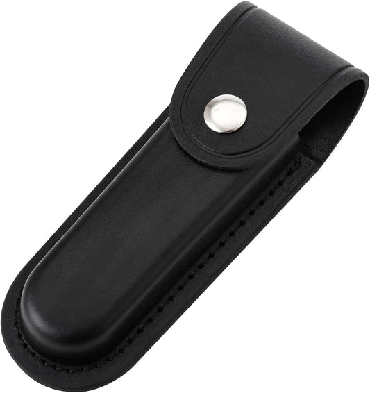 Pocket Knife Sheath, 5" Folding Pocket EDC Knife Case, Portable Pouch Knife Leather Holster with Snap Closure and Belt Loop, Accessory for Outdoor Climbing, Camping, Cycling and Hiking, Black