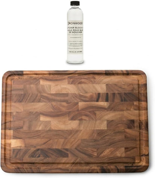 Gourmet Large End Grain Cutting Board and Mineral Oil Set, Includes 14" x 20" Chopping Board with Juice Channel and 8oz of Butcher Block Oil
