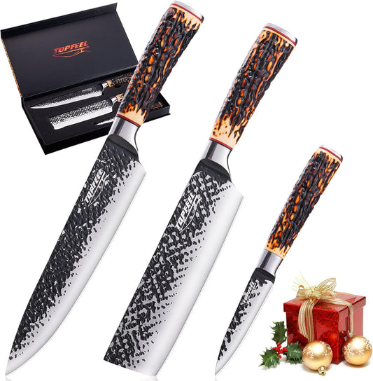 kitchen knife set, 3 PCS Japanese Chef Knife Set, Hand Forged High Carbon Stainless Steel Knives Sets，Ultra Sharp Professional Chef Knives Sets with Unique Antler-like Handle