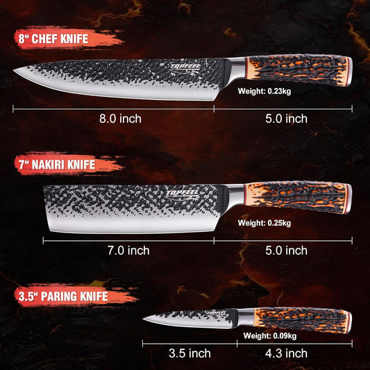 kitchen knife set, 3 PCS Japanese Chef Knife Set, Hand Forged High Carbon Stainless Steel Knives Sets，Ultra Sharp Professional Chef Knives Sets with Unique Antler-like Handle