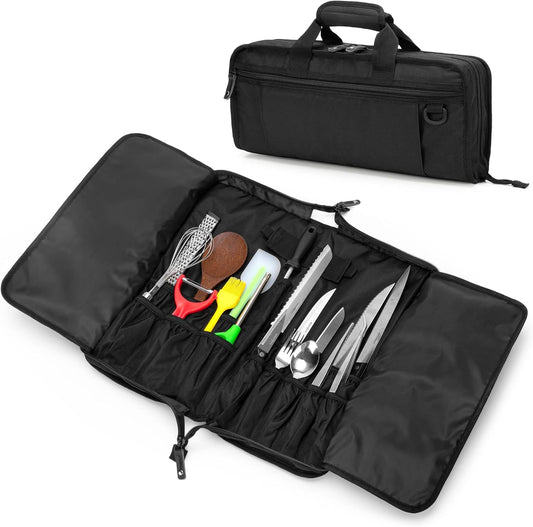 Chef Knife Bag with Lockhole & 17 + 6 Slots, up to 17.5 In, Bag Only | Knife Carrying Case for Kitchen Utensils, PVC Net Clamping Cloth Pocket, for Professional Cook, Caterer, Pastry, Fishmonger