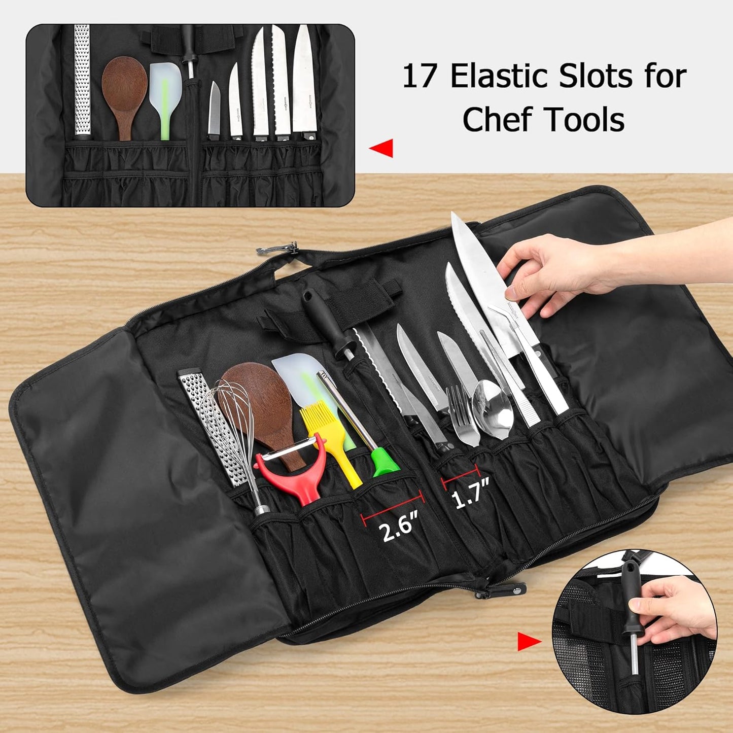 Chef Knife Bag with Lockhole & 17 + 6 Slots, up to 17.5 In, Bag Only | Knife Carrying Case for Kitchen Utensils, PVC Net Clamping Cloth Pocket, for Professional Cook, Caterer, Pastry, Fishmonger