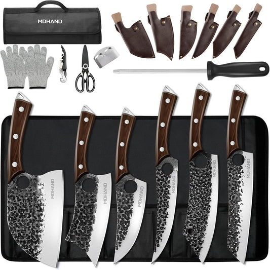 Butcher Knife Set, Serbian Chef Knife Set with Roll Bag Gift for Men | Hand Forged Full Tang 18PCS Kitchen Knife Set, Ebony Handle, High Carbon Steel Meat Cleaver for Brisket Trimming, Camping BBQ