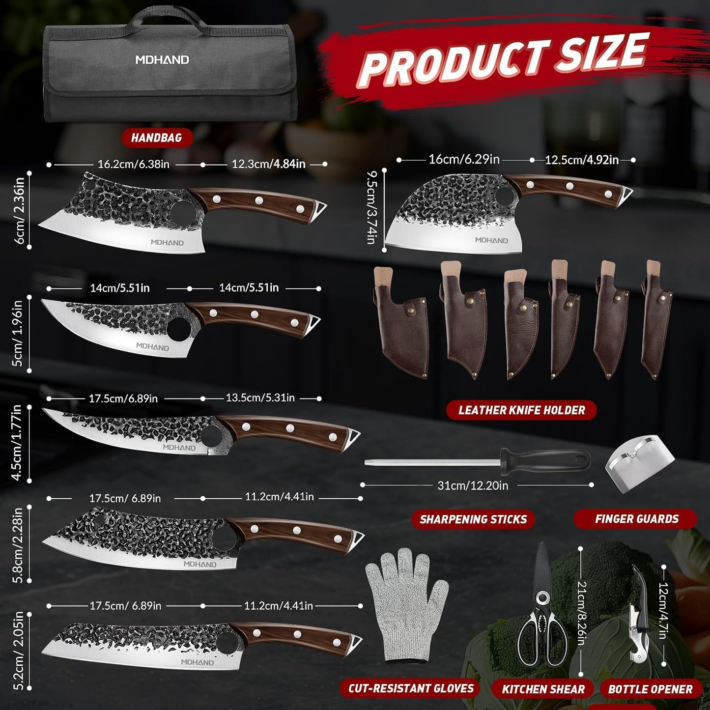 Butcher Knife Set, Serbian Chef Knife Set with Roll Bag Gift for Men | Hand Forged Full Tang 18PCS Kitchen Knife Set, Ebony Handle, High Carbon Steel Meat Cleaver for Brisket Trimming, Camping BBQ