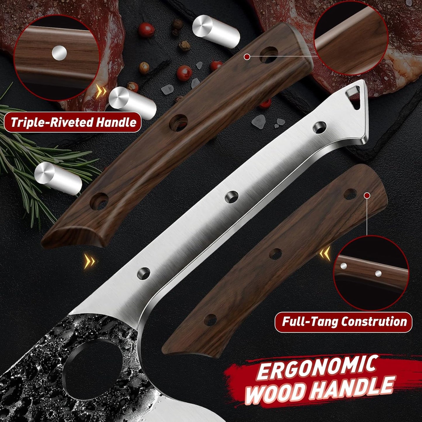 Butcher Knife Set, Serbian Chef Knife Set with Roll Bag Gift for Men | Hand Forged Full Tang 18PCS Kitchen Knife Set, Ebony Handle, High Carbon Steel Meat Cleaver for Brisket Trimming, Camping BBQ