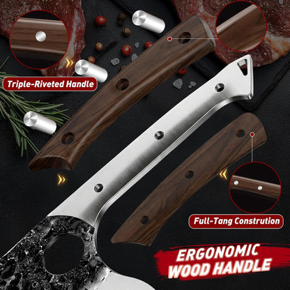 Butcher Knife Set, Serbian Chef Knife Set with Roll Bag Gift for Men | Hand Forged Full Tang 18PCS Kitchen Knife Set, Ebony Handle, High Carbon Steel Meat Cleaver for Brisket Trimming, Camping BBQ