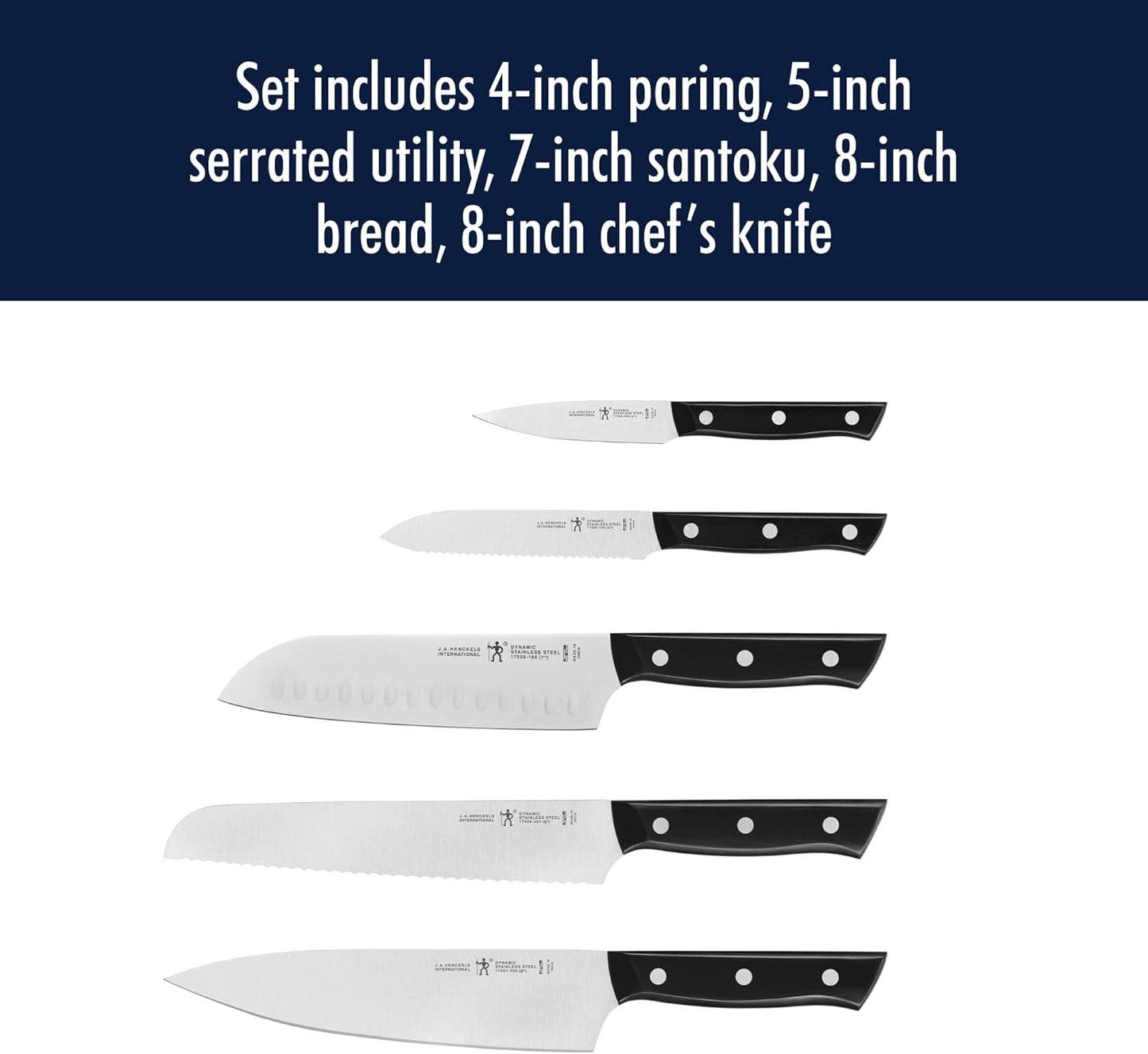 Dynamic 5-Pc Knife Set with Chef, Bread, Utility, Paring, Santoku | The Perfect Kitchen Knife Set for Effortless Cutting, German Engineered, Informed by 100+ Years of Mastery. Dishwasher safe