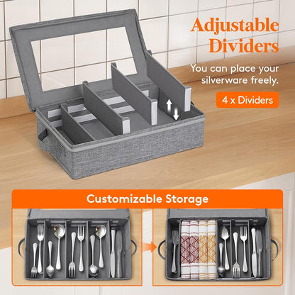 Silverware Storage Box, Covered Flatware Organizer with Zipper Lid