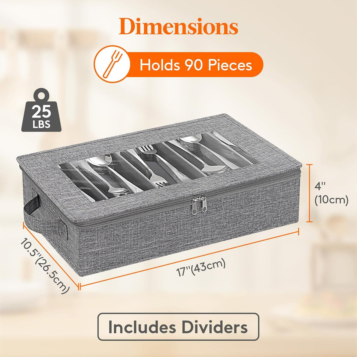 Silverware Storage Box, Covered Flatware Organizer with Zipper Lid