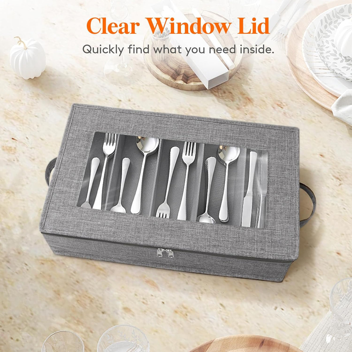 Silverware Storage Box, Covered Flatware Organizer with Zipper Lid