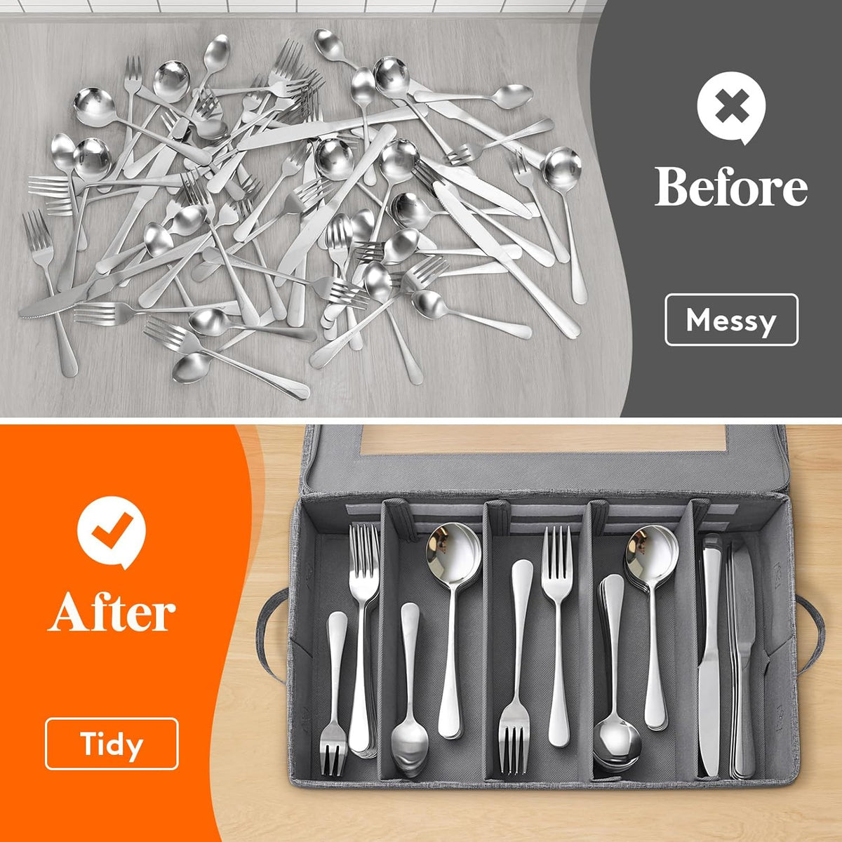 Silverware Storage Box, Covered Flatware Organizer with Zipper Lid