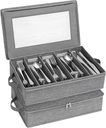 Silverware Storage Box, Covered Flatware Organizer with Zipper Lid
