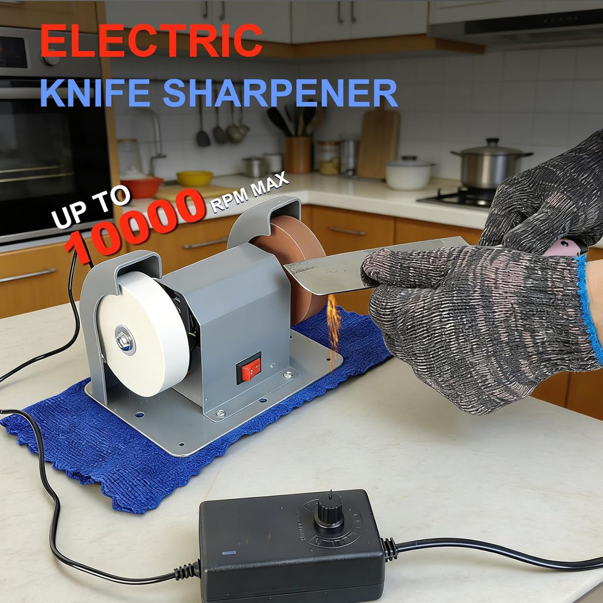 Electric Knife Sharpener Grinder 110V 2-in-1 Variable Speed Mini Bench | Sharpens knives, scissors, drill bits, chisels, blades. #80 & #120 grinding wheels. Multi-function bench grinder for workshop