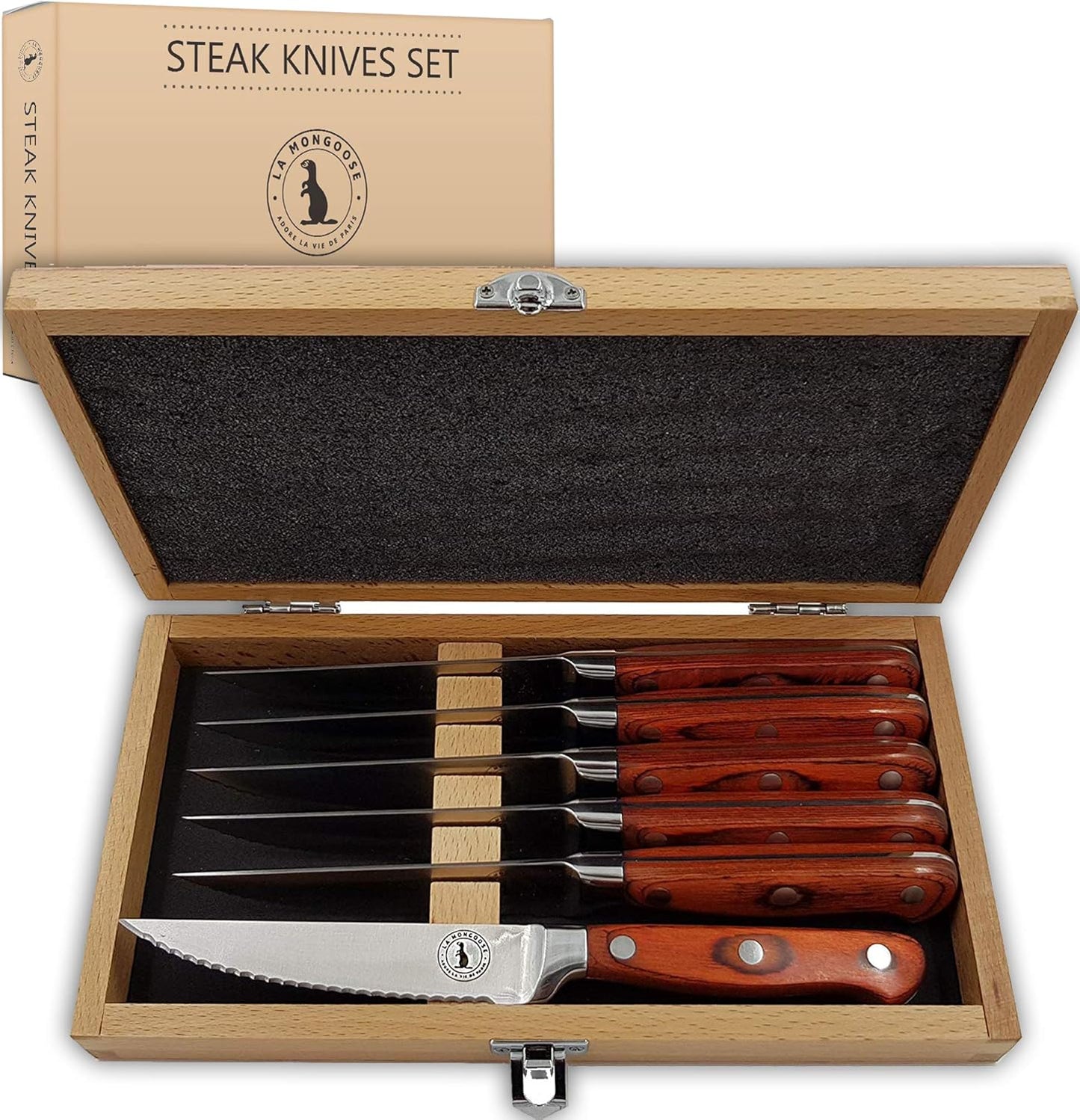Steak Knife Set in Gift Box 6 Full Tang High Carbon Stainless Steel Micro Serrated Knives Classic Dark Brown Ergonomic Pakkawood Handles Luxury Beech Wood Case Premium Deluxe Birthday Gift Idea