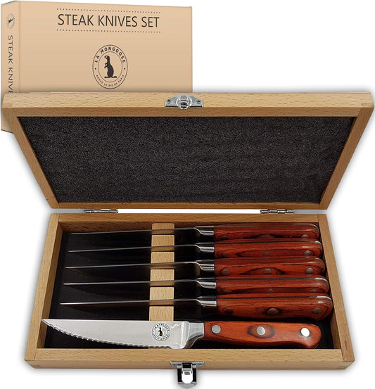 Steak Knife Set in Gift Box 6 Full Tang High Carbon Stainless Steel Micro Serrated Knives Classic Dark Brown Ergonomic Pakkawood Handles Luxury Beech Wood Case Premium Deluxe Birthday Gift Idea