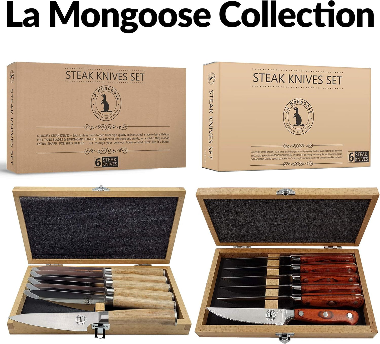 Steak Knife Set in Gift Box 6 Full Tang High Carbon Stainless Steel Micro Serrated Knives Classic Dark Brown Ergonomic Pakkawood Handles Luxury Beech Wood Case Premium Deluxe Birthday Gift Idea