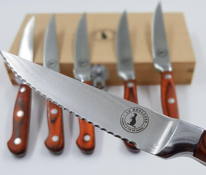 Steak Knife Set in Gift Box 6 Full Tang High Carbon Stainless Steel Micro Serrated Knives Classic Dark Brown Ergonomic Pakkawood Handles Luxury Beech Wood Case Premium Deluxe Birthday Gift Idea