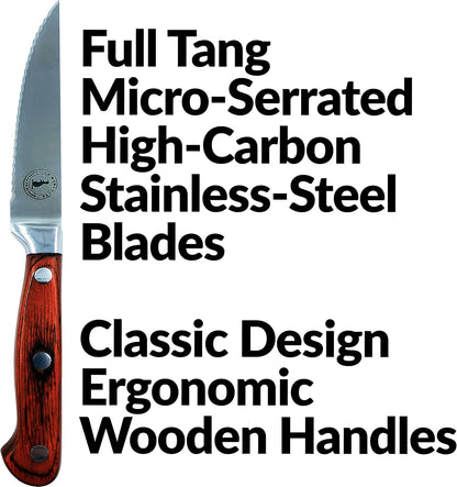 Steak Knife Set in Gift Box 6 Full Tang High Carbon Stainless Steel Micro Serrated Knives Classic Dark Brown Ergonomic Pakkawood Handles Luxury Beech Wood Case Premium Deluxe Birthday Gift Idea