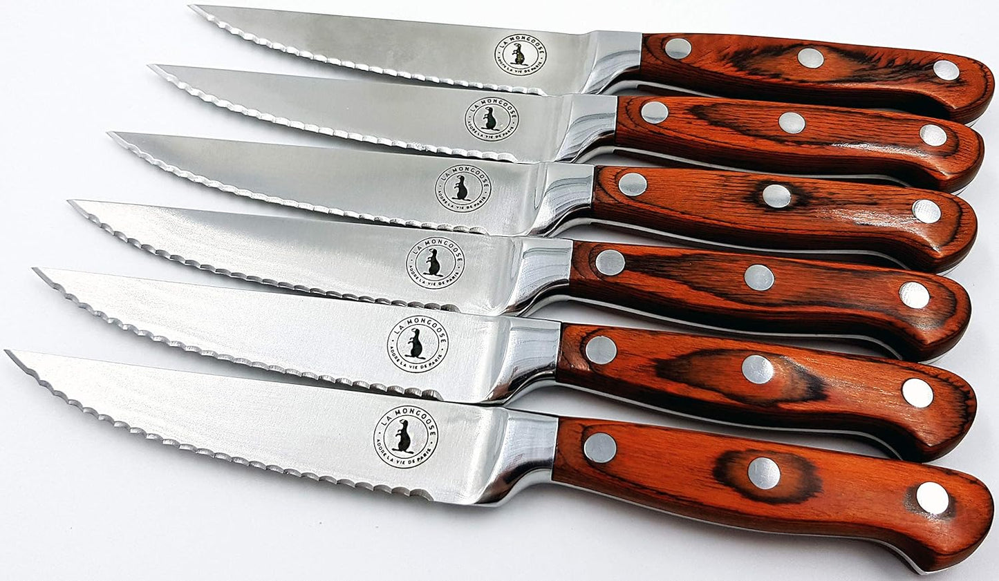 Steak Knife Set in Gift Box 6 Full Tang High Carbon Stainless Steel Micro Serrated Knives Classic Dark Brown Ergonomic Pakkawood Handles Luxury Beech Wood Case Premium Deluxe Birthday Gift Idea