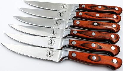 Steak Knife Set in Gift Box 6 Full Tang High Carbon Stainless Steel Micro Serrated Knives Classic Dark Brown Ergonomic Pakkawood Handles Luxury Beech Wood Case Premium Deluxe Birthday Gift Idea