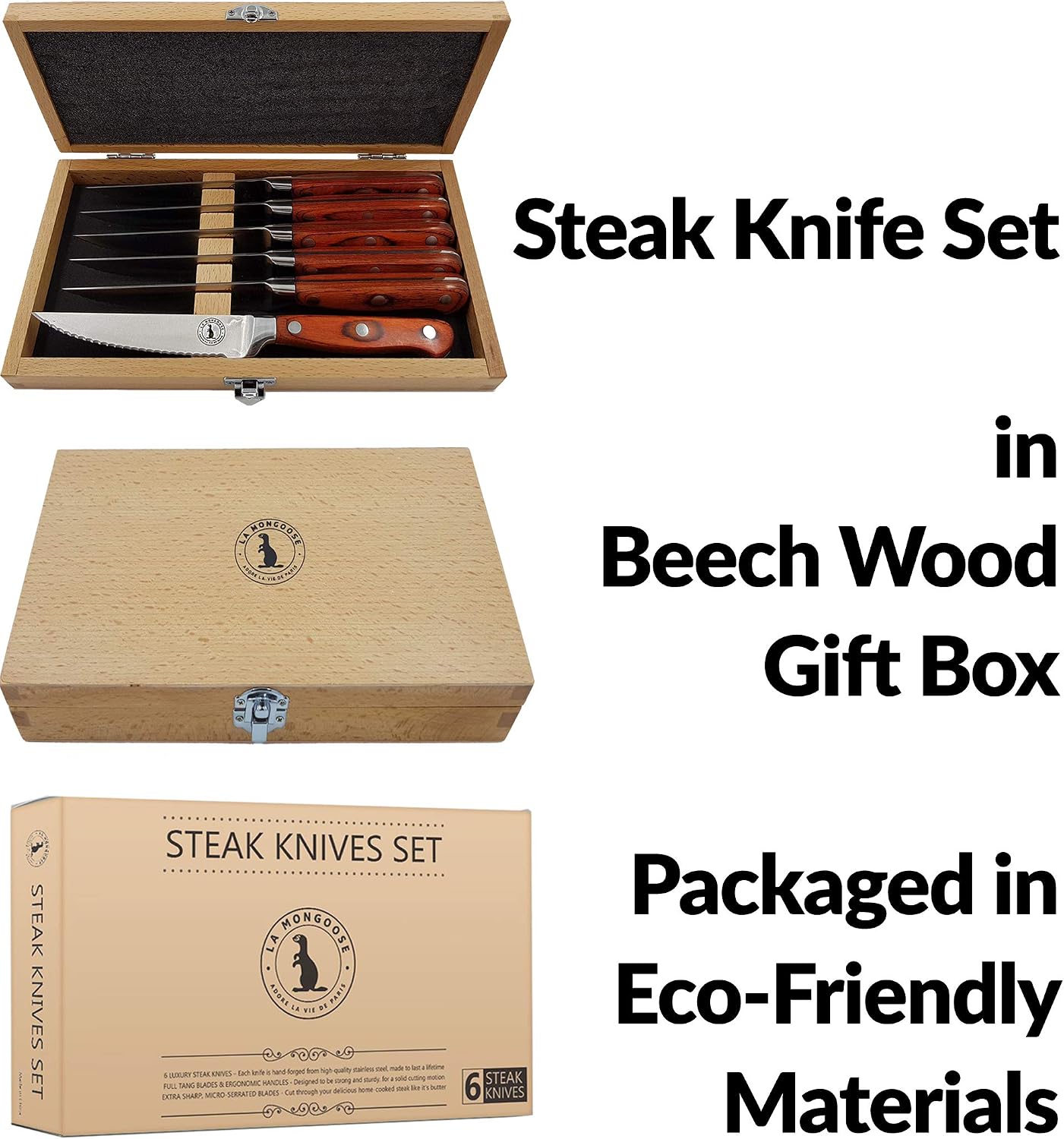 Steak Knife Set in Gift Box 6 Full Tang High Carbon Stainless Steel Micro Serrated Knives Classic Dark Brown Ergonomic Pakkawood Handles Luxury Beech Wood Case Premium Deluxe Birthday Gift Idea