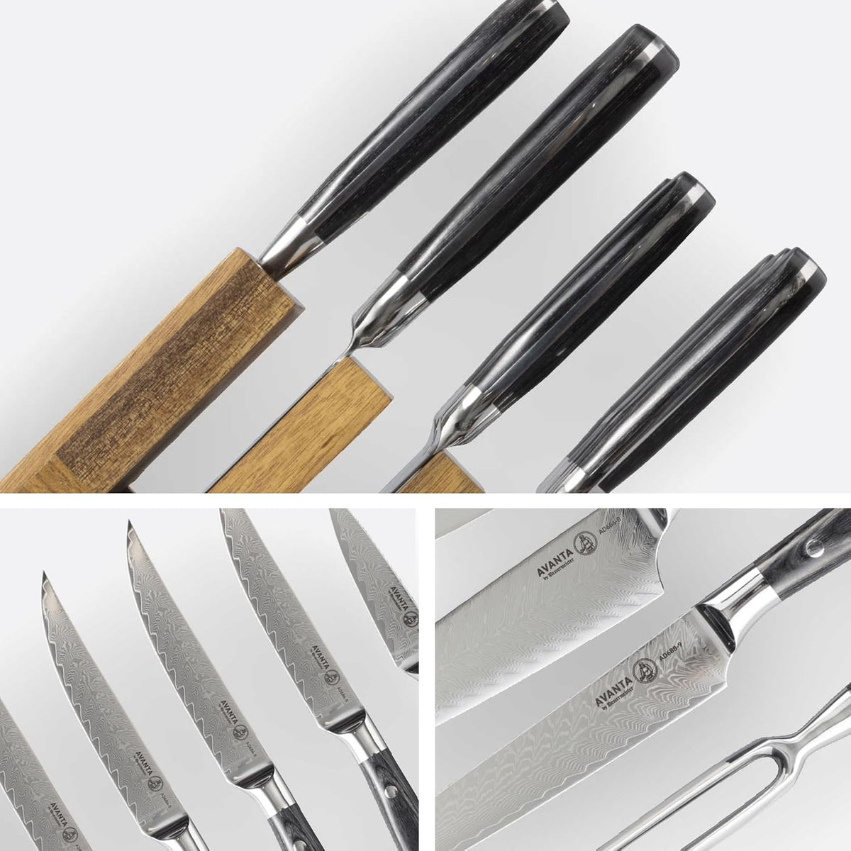 Avanta Damascus 10-Piece Ebony Pakkawood Knife Block Set - Japanese Damascus Stainless Steel - 4 Speciality Knives, Heavy-Weight Fork, 4 Steak Knives & Magnetic Knife Block
