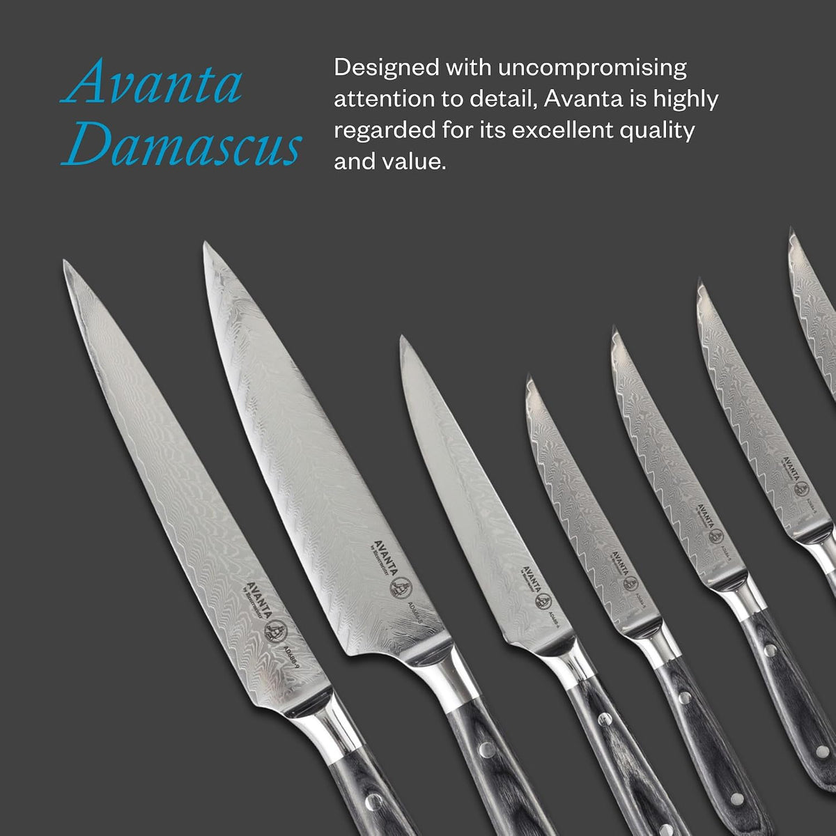 Avanta Damascus 10-Piece Ebony Pakkawood Knife Block Set - Japanese Damascus Stainless Steel - 4 Speciality Knives, Heavy-Weight Fork, 4 Steak Knives & Magnetic Knife Block