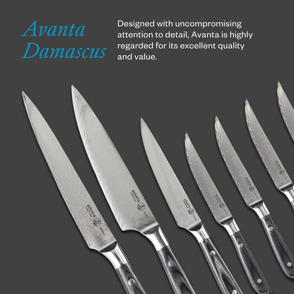 Avanta Damascus 10-Piece Ebony Pakkawood Knife Block Set - Japanese Damascus Stainless Steel - 4 Speciality Knives, Heavy-Weight Fork, 4 Steak Knives & Magnetic Knife Block
