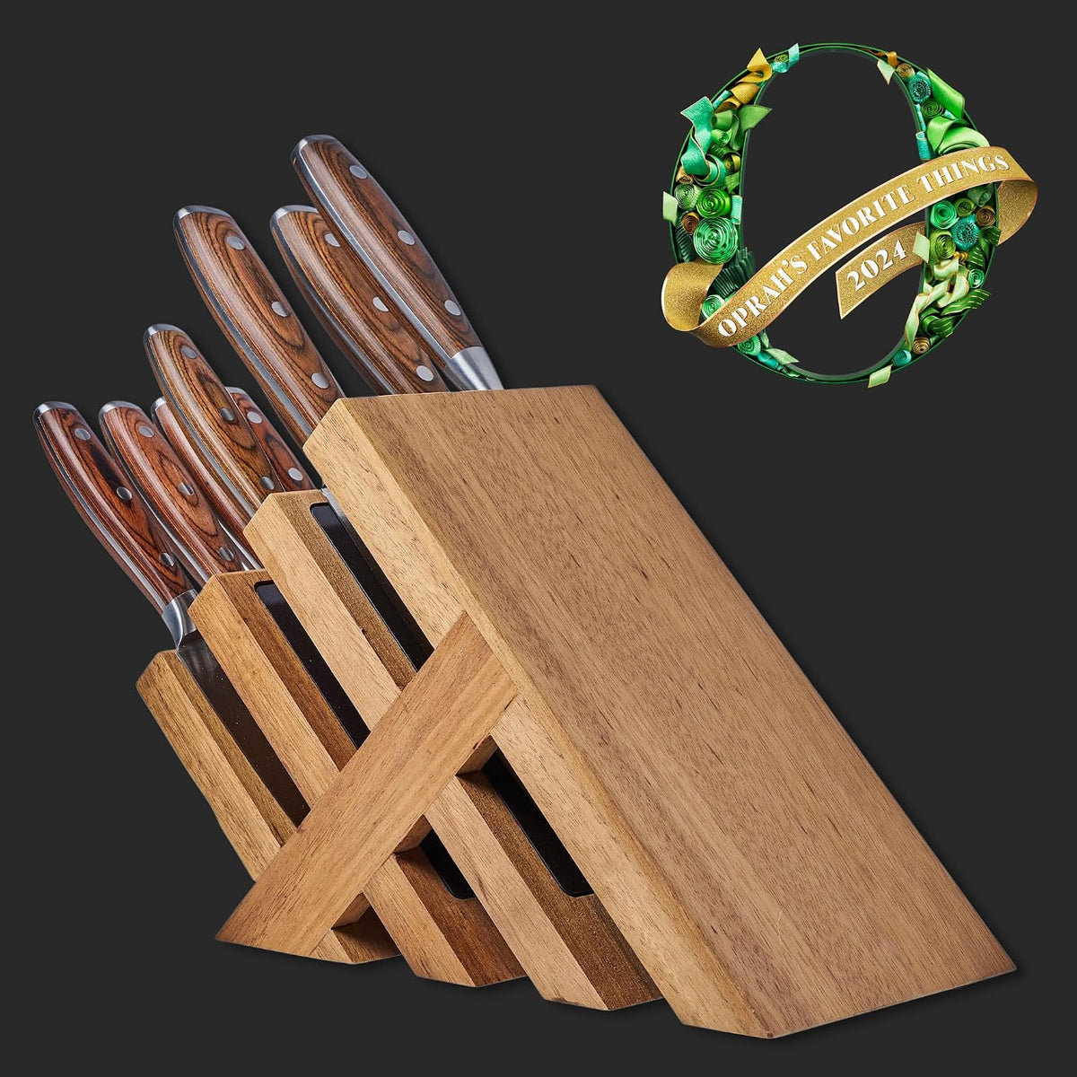 Avanta Damascus 10-Piece Ebony Pakkawood Knife Block Set - Japanese Damascus Stainless Steel - 4 Speciality Knives, Heavy-Weight Fork, 4 Steak Knives & Magnetic Knife Block