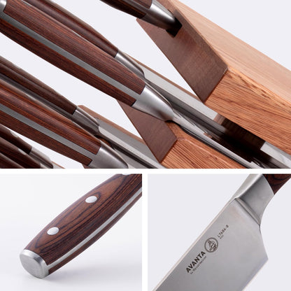 Avanta Damascus 10-Piece Ebony Pakkawood Knife Block Set - Japanese Damascus Stainless Steel - 4 Speciality Knives, Heavy-Weight Fork, 4 Steak Knives & Magnetic Knife Block